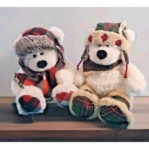 2 Hugfun Int'l Plush Teddy Bear White  Dressed Plaid  Hat Scarf  Booties St Jude